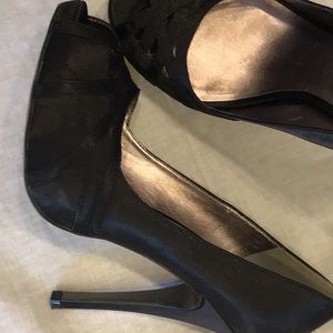 Size 8 Black satin 5” heels with platform 1/2”, by Charles David.